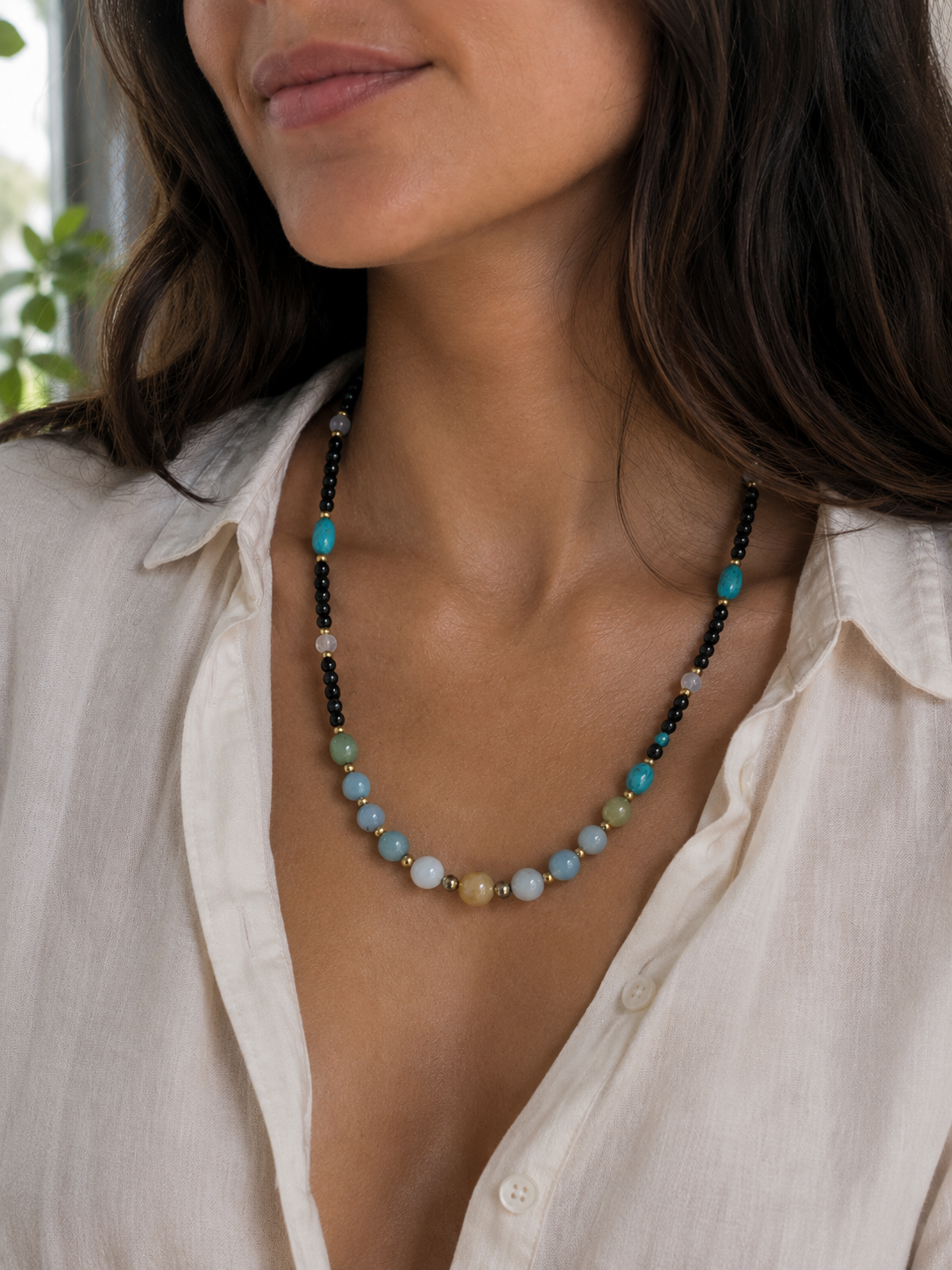 Hematite, Aquamarine, Arizona Turquoise & Rainbow Moonstone Necklace