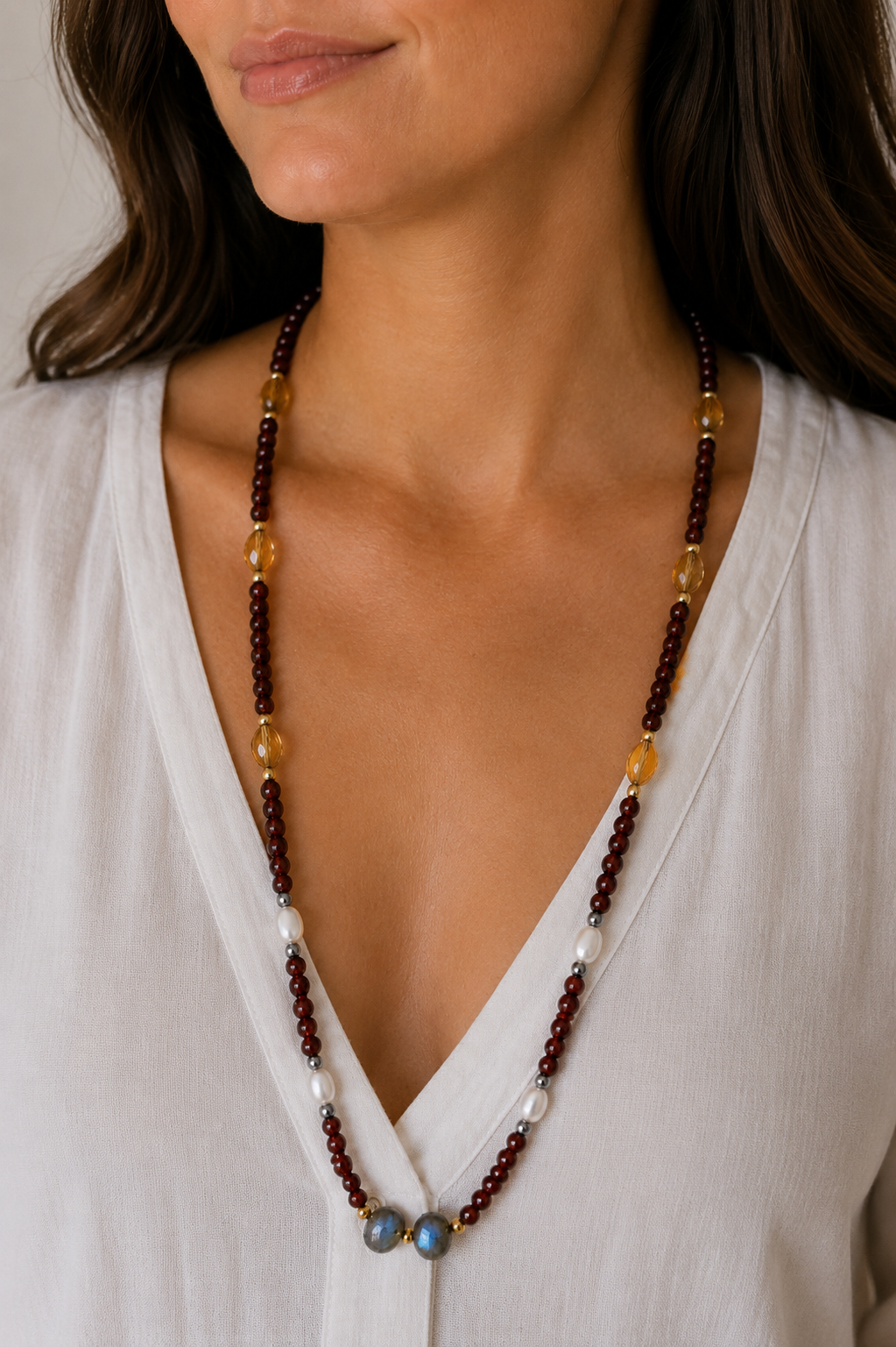 Red Garnet, Labradorite, Citrine & Freshwater Pearl Necklace-Gold Filled Accents