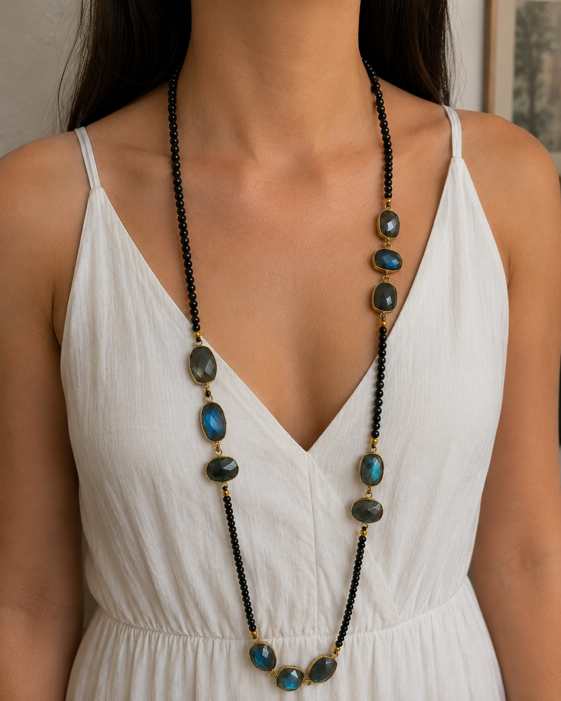 Black Onyx & Labradorite Station Necklace 925 Sterling Silver 18k Gold Plated