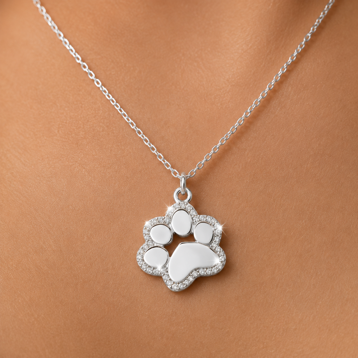 Dog Paw Print Necklace – 925 Sterling Silver & Cubic Zirconia Pendant