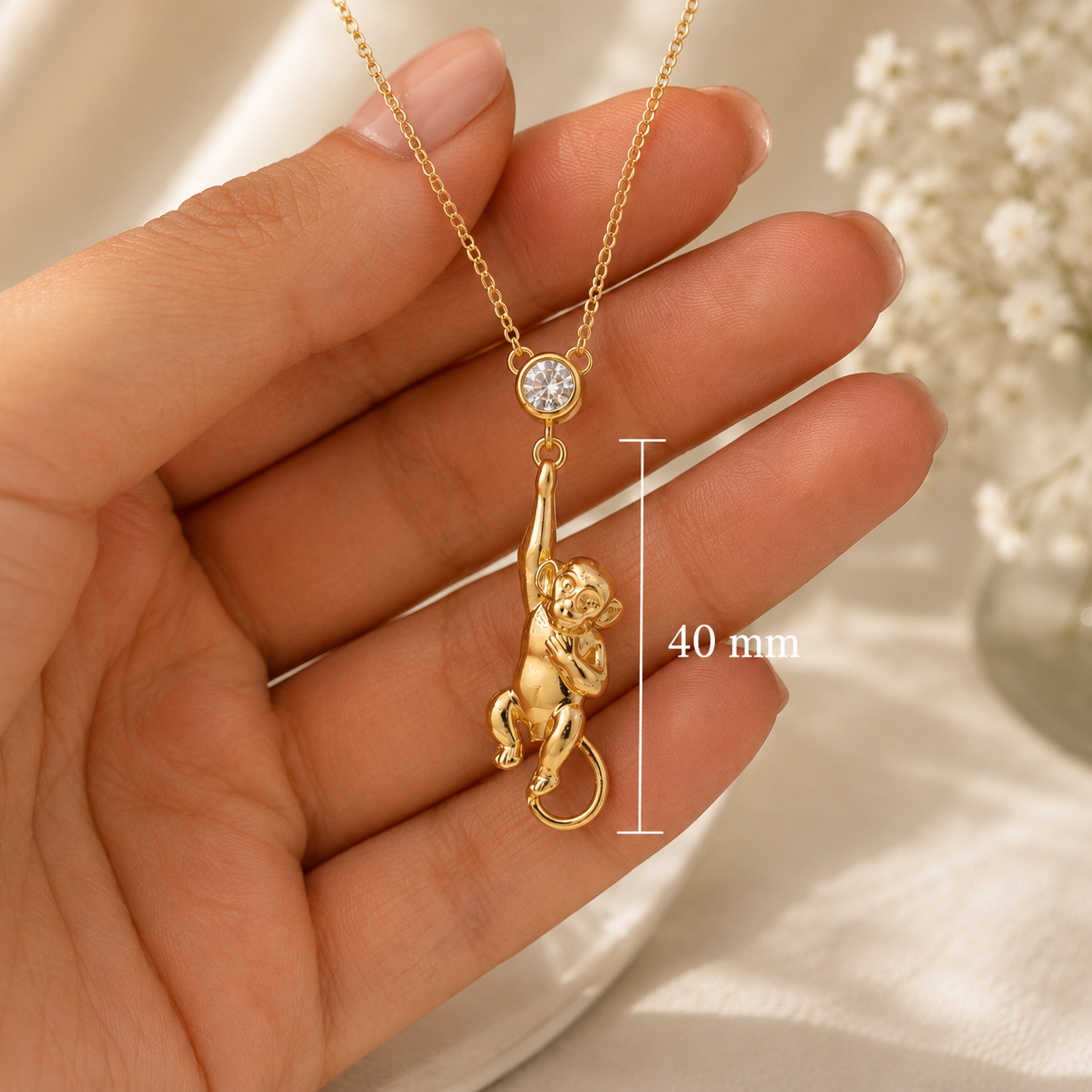Monkey Necklace- 925 Sterling Silver 18k Gold Plated with Cubic Zirconia