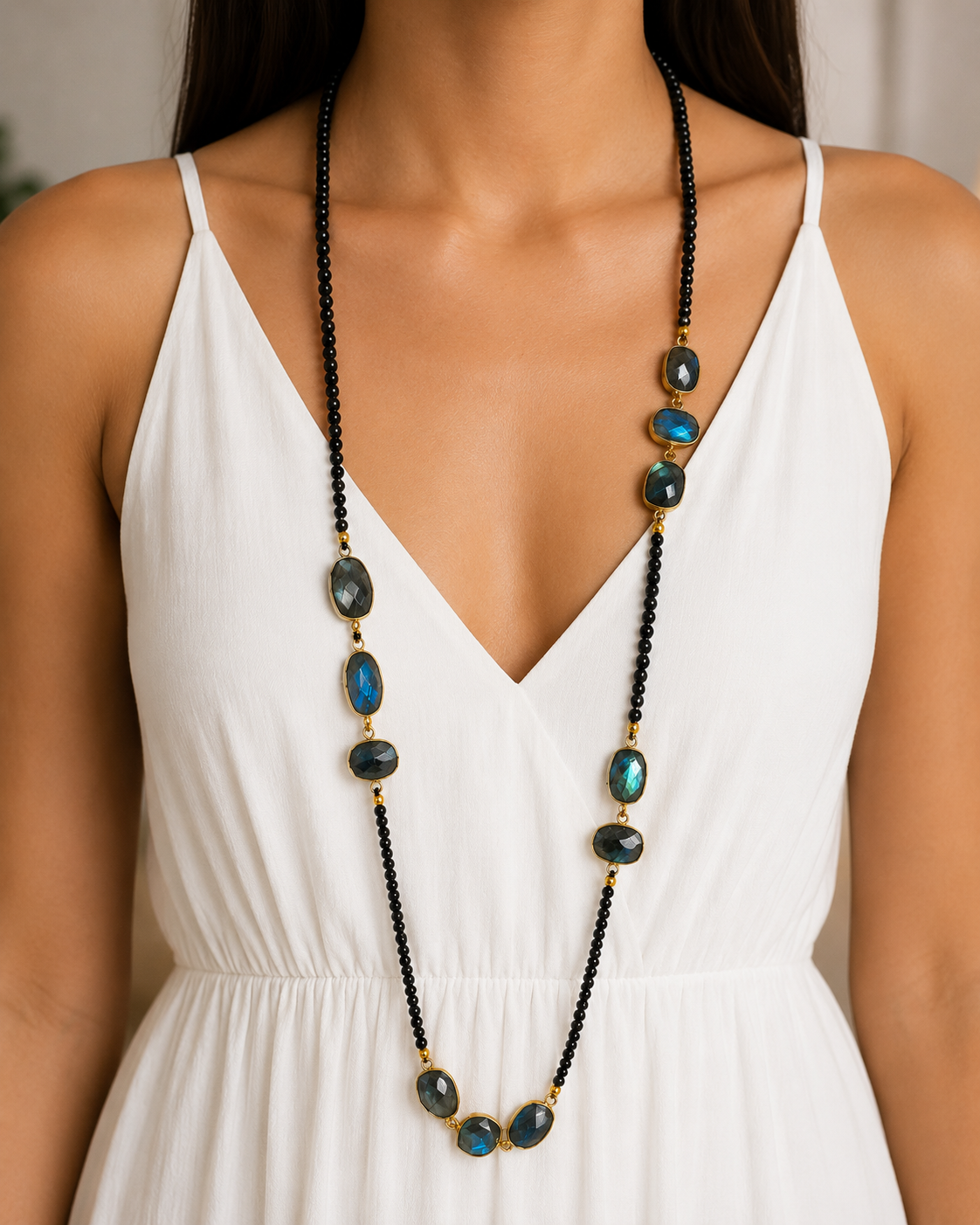 Black Onyx & Labradorite Station Necklace 925 Sterling Silver 18k Gold Plated