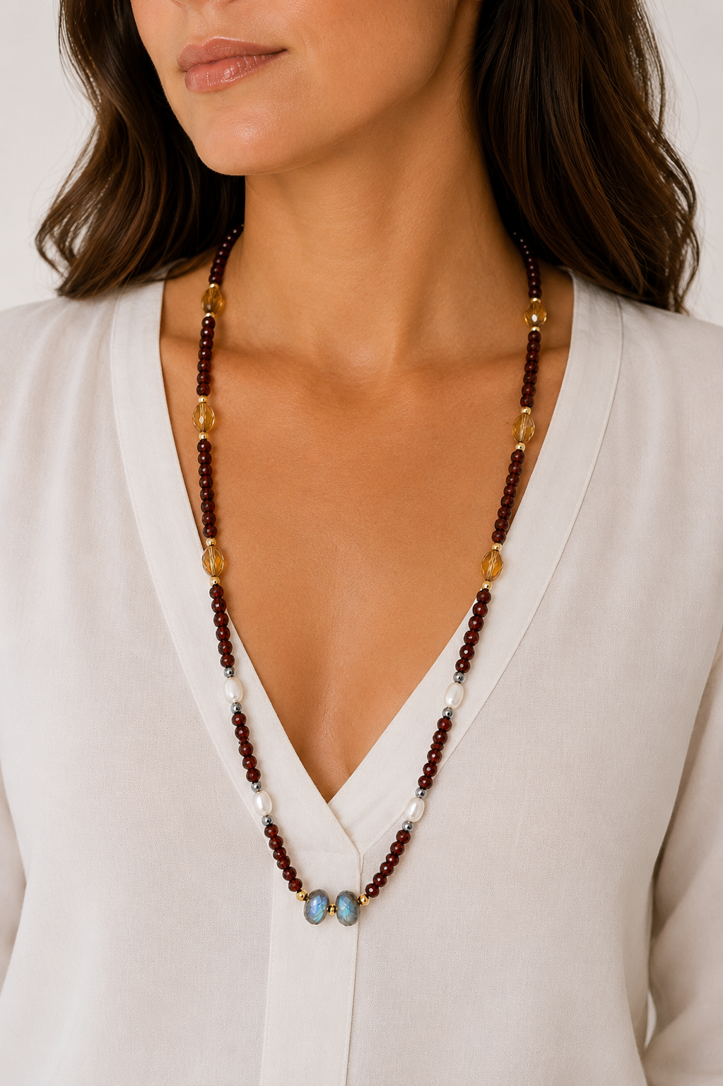 Red Garnet, Labradorite, Citrine & Freshwater Pearl Necklace in 925 Sterling Silver & 18k Gold Filled