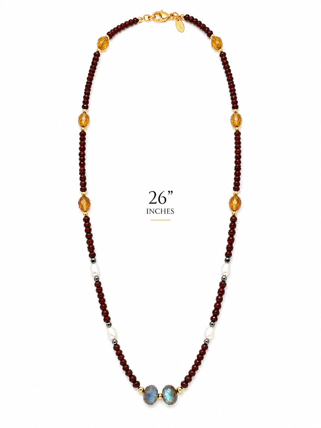 Red Garnet, Labradorite, Citrine & Freshwater Pearl Necklace in 925 Sterling Silver & 18k Gold Filled