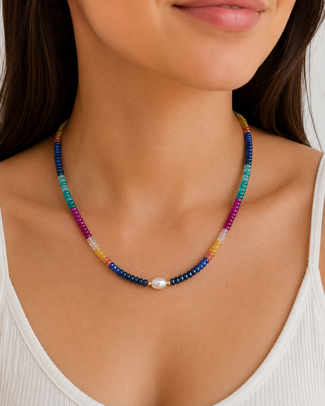 Multi Sapphire, Green Emerald & Baroque Pearl Necklace- 18k Gold Filled
