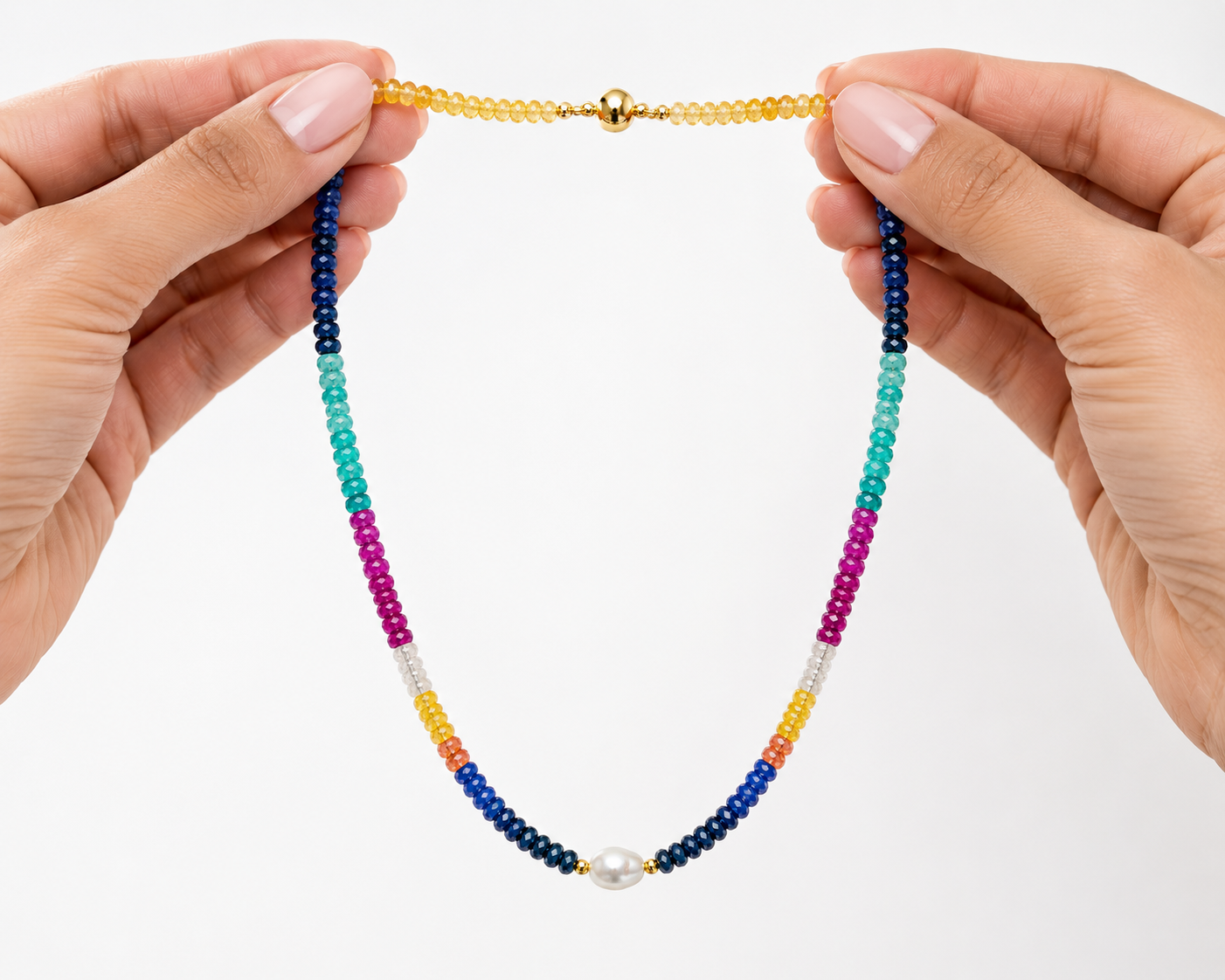 Multi Sapphire, Green Emerald & Baroque Pearl Necklace- 18k Gold Filled