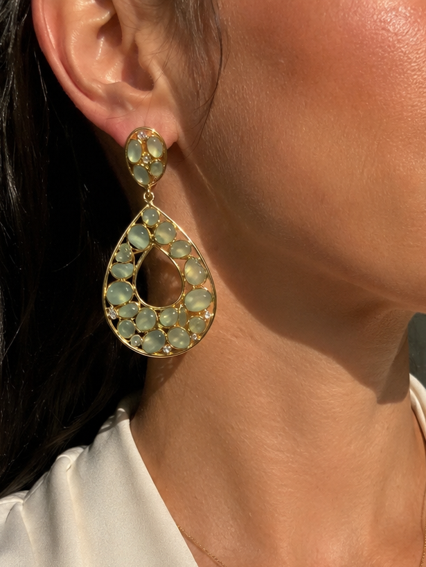 Artisan Faceted Aqua Chalcedony & White Topaz Teardrop Earrings-18k Gold Plating over 925 Sterling Silver