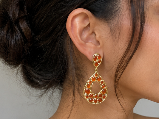 Artisan Carnelian & White Topaz Teardrop Earrings 18k Gold over 925 Silver