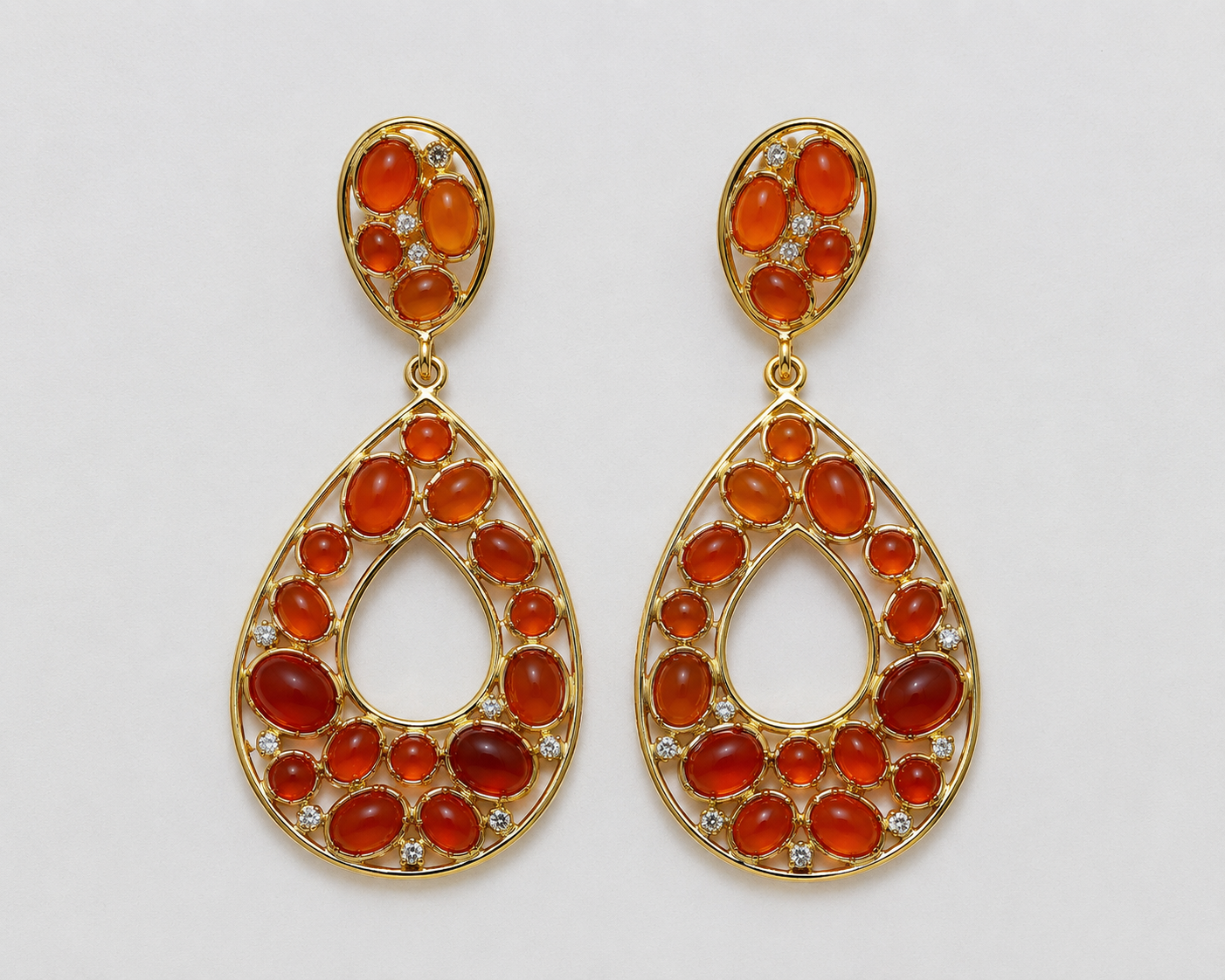 Artisan Carnelian & White Topaz Teardrop Earrings 18k Gold over 925 Silver