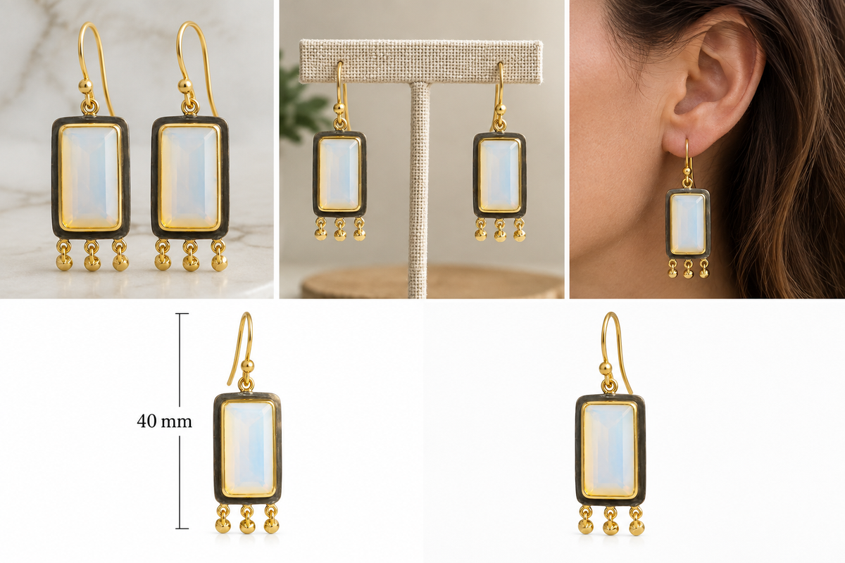 Fire Opal Rectangular Drop Earrings – Black Rhodium & 18K Gold Plated 925 Sterling Silver