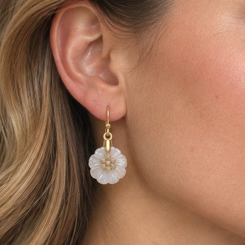 Rainbow Moonstone and White Topaz Flower Earrings- 18k Gold Plated on 925 Sterling Silver