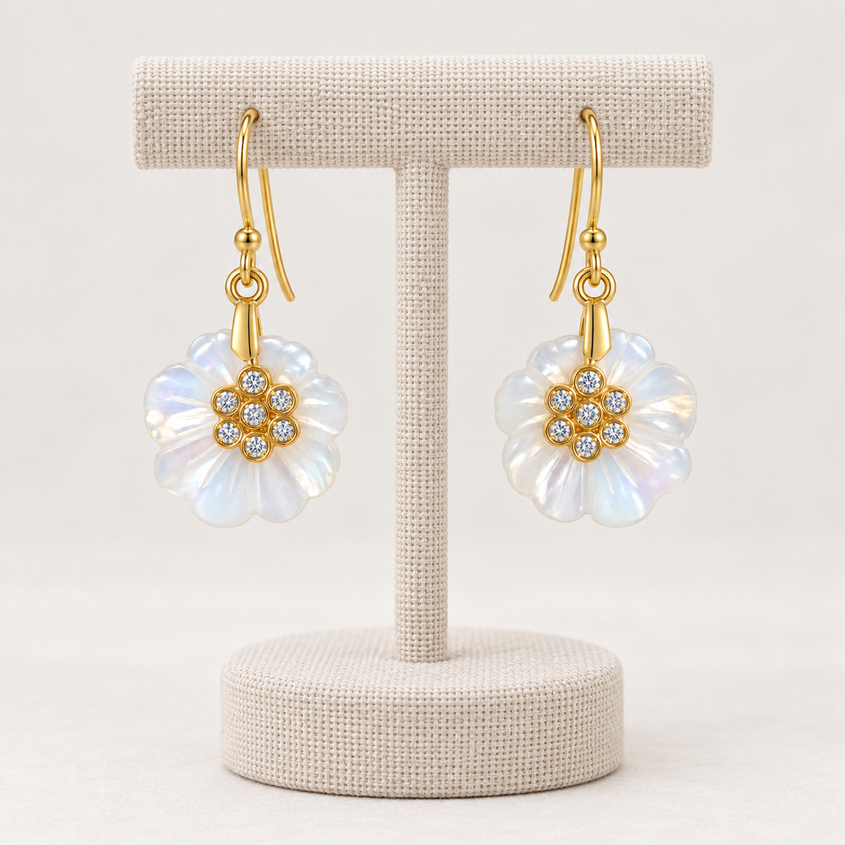 Rainbow Moonstone and White Topaz Flower Earrings- 18k Gold Plated on 925 Sterling Silver