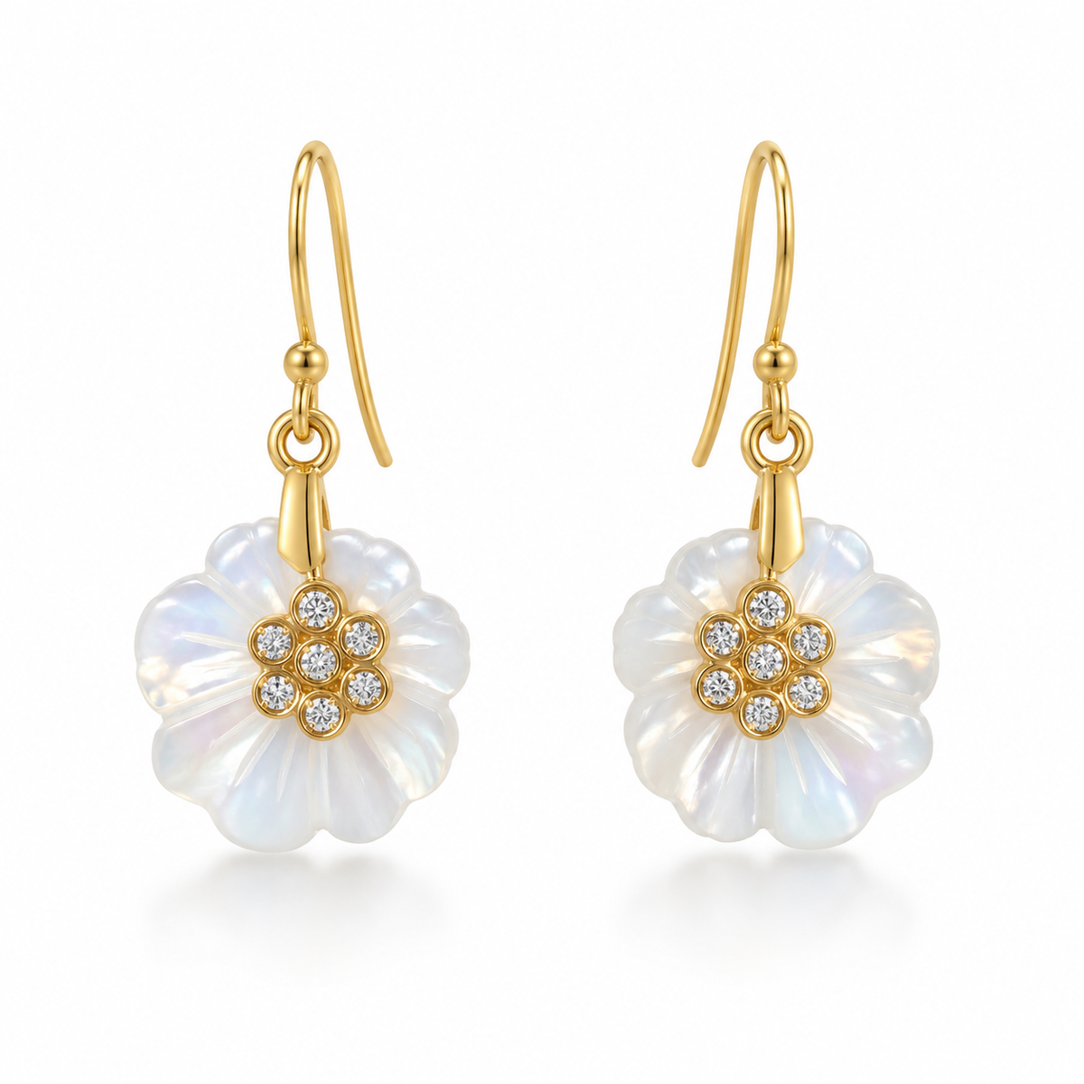 Rainbow Moonstone and White Topaz Flower Earrings- 18k Gold Plated on 925 Sterling Silver