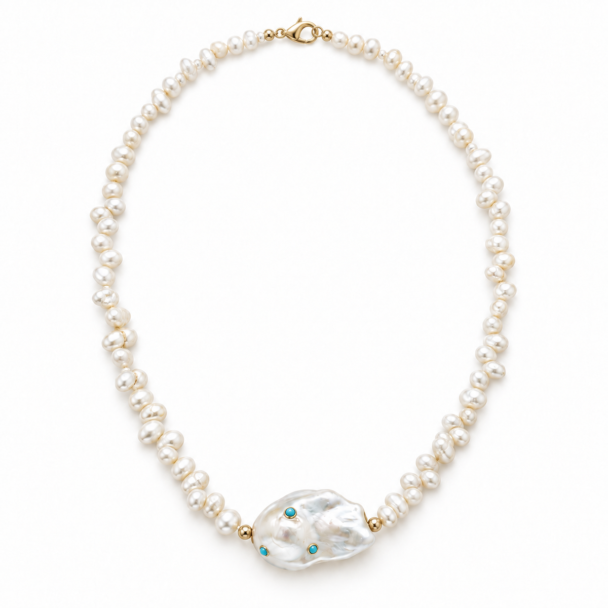 Pearl Necklace with Arizona Turquoise and Gold Filled Accents- 18 Inches
