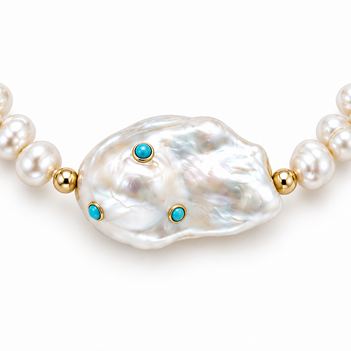 Pearl Necklace with Arizona Turquoise and Gold Filled Accents- 18 Inches