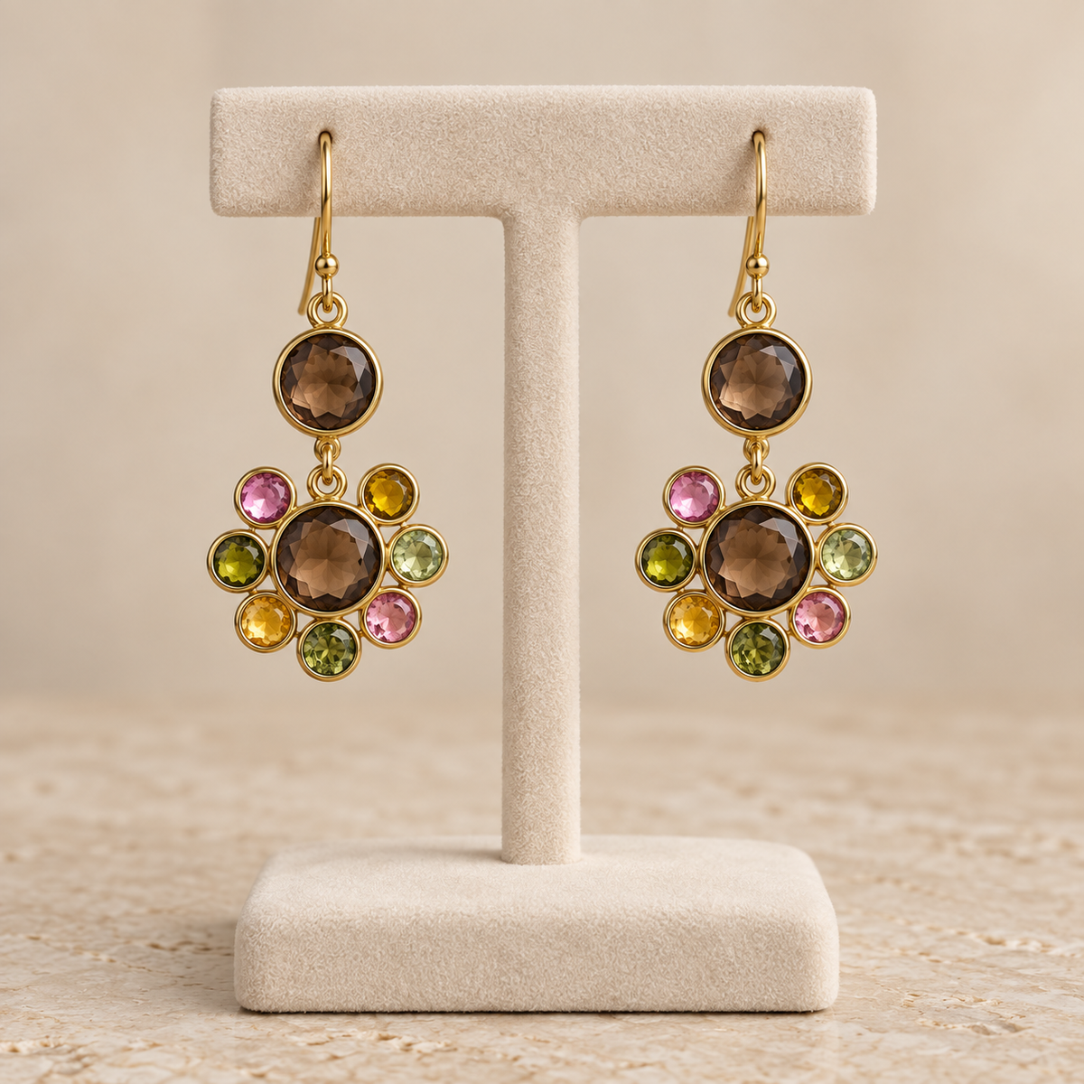 Smoky Topaz & Multi Tourmaline Floral Drop Earrings – 18K Gold Plated 925 Sterling Silver