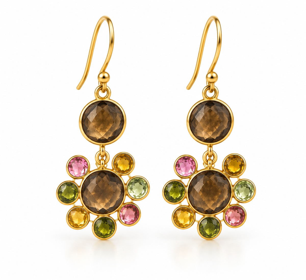 Smoky Topaz & Multi Tourmaline Floral Drop Earrings – 18K Gold Plated 925 Sterling Silver