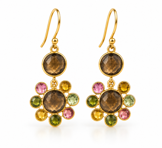 Smoky Topaz & Multi Tourmaline Floral Drop Earrings – 18K Gold Plated 925 Sterling Silver