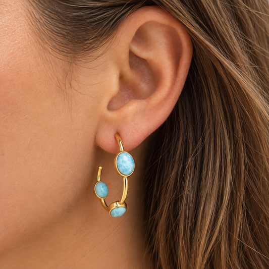 Larimar Gemstone Hoop Earrings – 18K Gold Plated 925 Sterling Silver