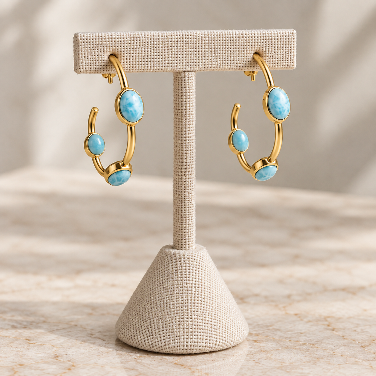 Larimar Gemstone Hoop Earrings – 18K Gold Plated 925 Sterling Silver