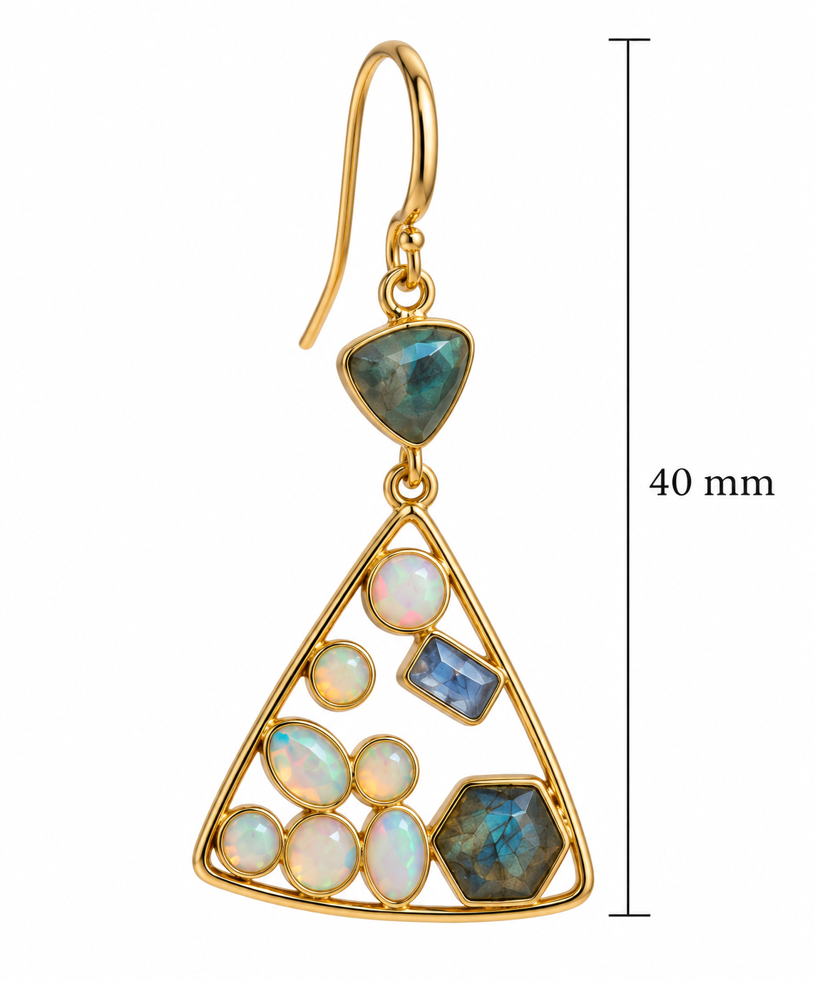 Fire Opal & Labradorite Triangle Drop Earrings – 18K Gold Plated 925 Sterling Silver