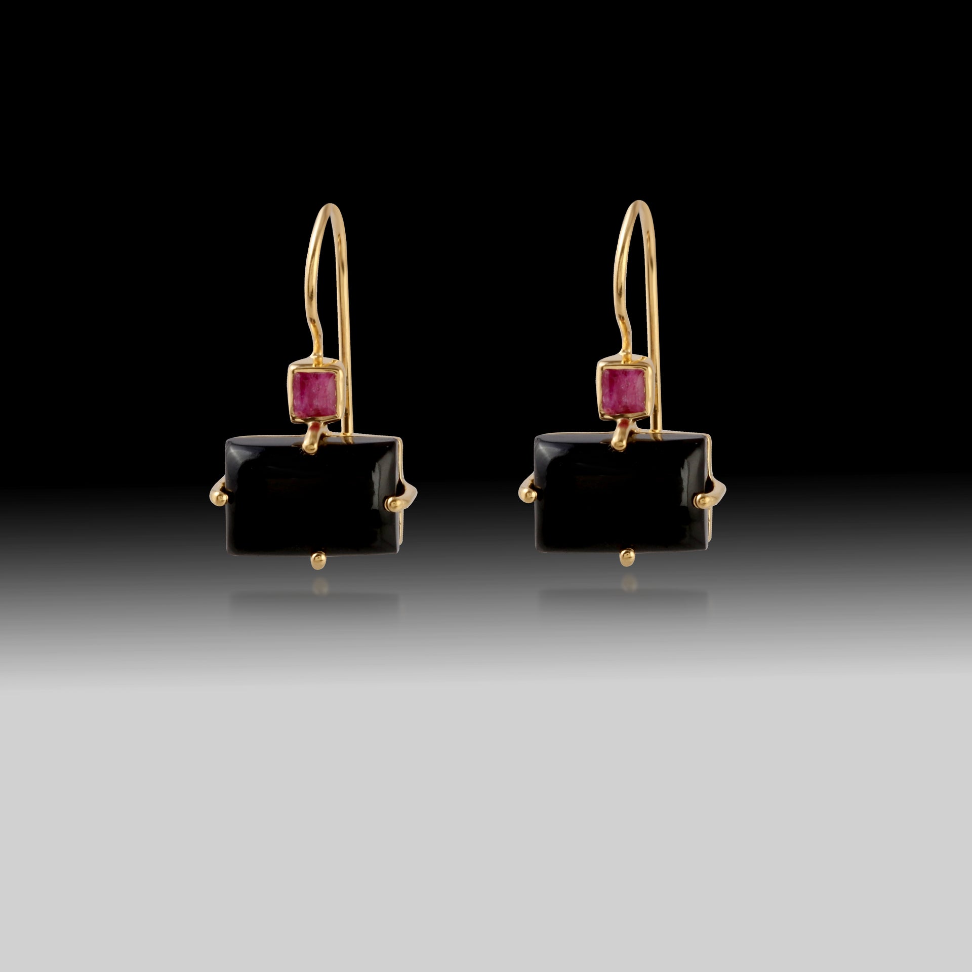Artisan Black Onyx & Ruby Geometric Earrings 18k Gold Plated over 925 Silver
