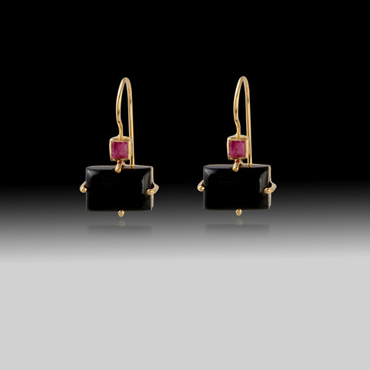 Artisan Black Onyx & Ruby Geometric Earrings 18k Gold Plated over 925 Silver