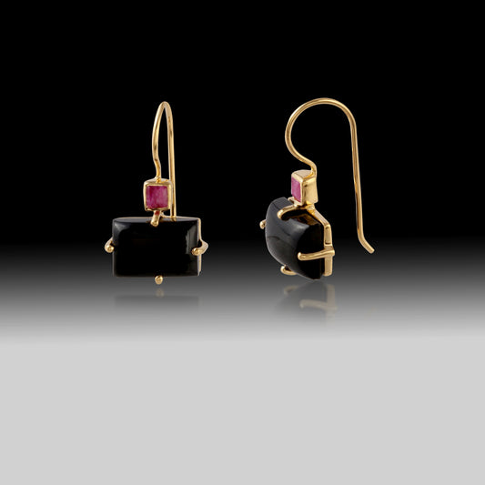 Artisan Black Onyx & Ruby Geometric Earrings 18k Gold Plated over 925 Silver