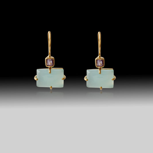 Artisan Aqua Chalcedony & Amethyst Geometric Earrings 18k Gold Plated over 925 Silver