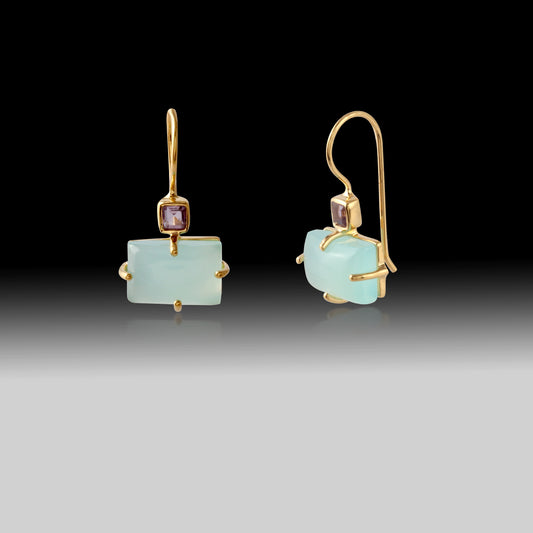 Artisan Aqua Chalcedony & Amethyst Geometric Earrings 18k Gold Plated over 925 Silver