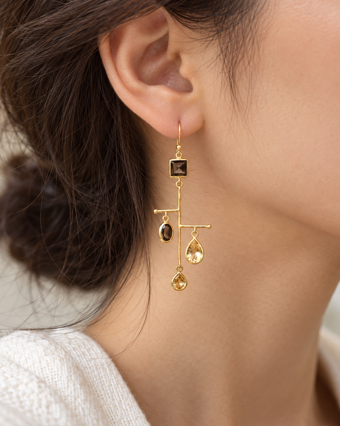 Smoky Topaz & Citrine Statement Earrings – 18K Gold Plated Sterling Silver
