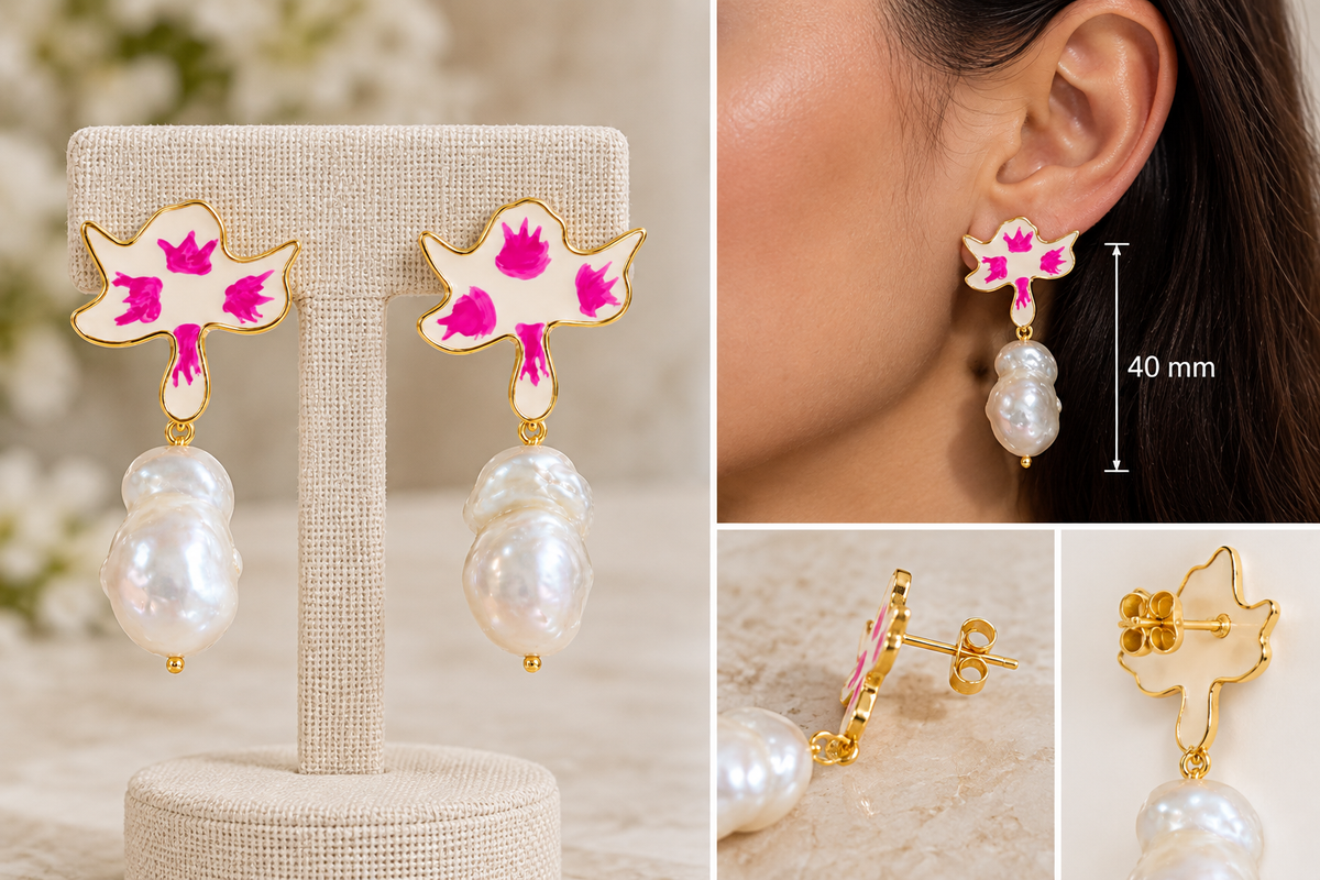Fuchsia Blossom Baroque Pearl Drop Earrings- 18k Gold Plated Over 925 Sterling Silver