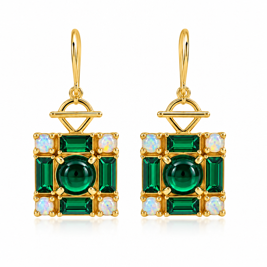 Green Onyx & Fire Opal Drop Earrings 18K Gold Plated over 925 Sterling Silver