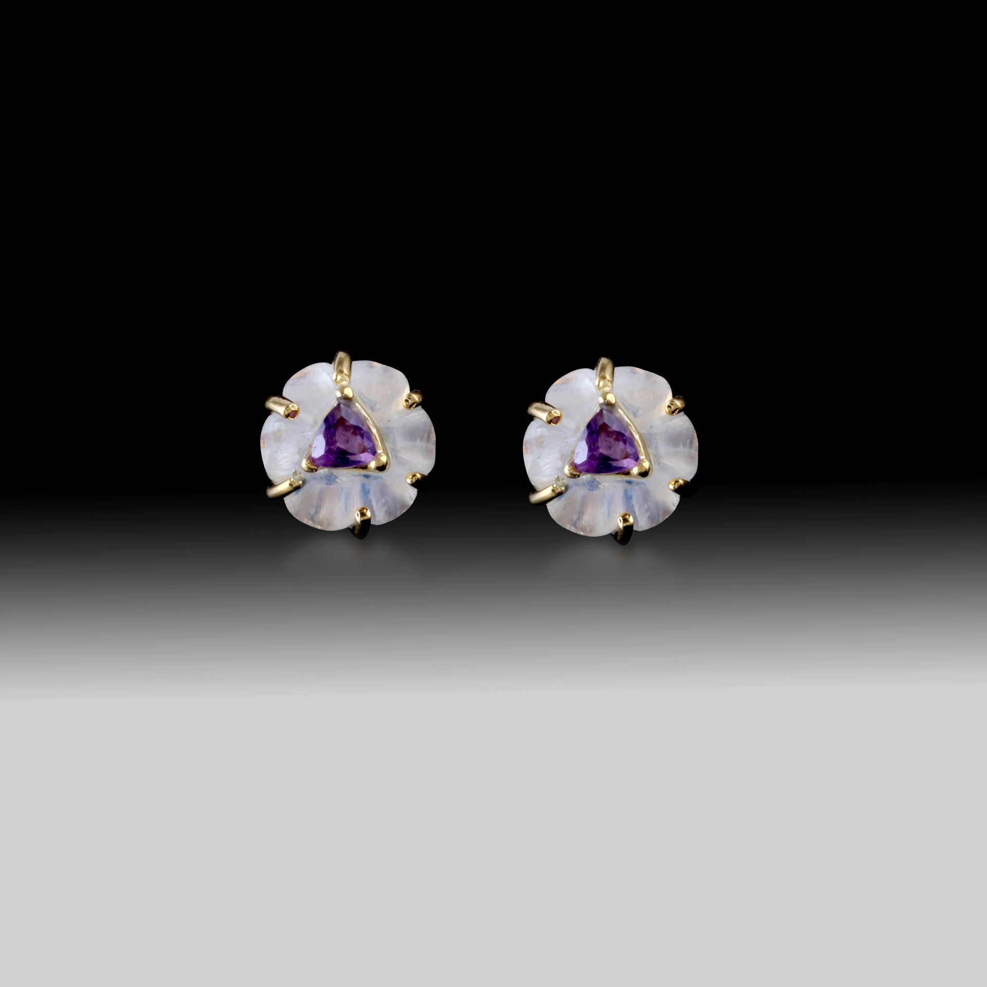 Artisan Moonstone & Amethyst Floral Stud Earrings 18k Gold Plated over 925 Silver