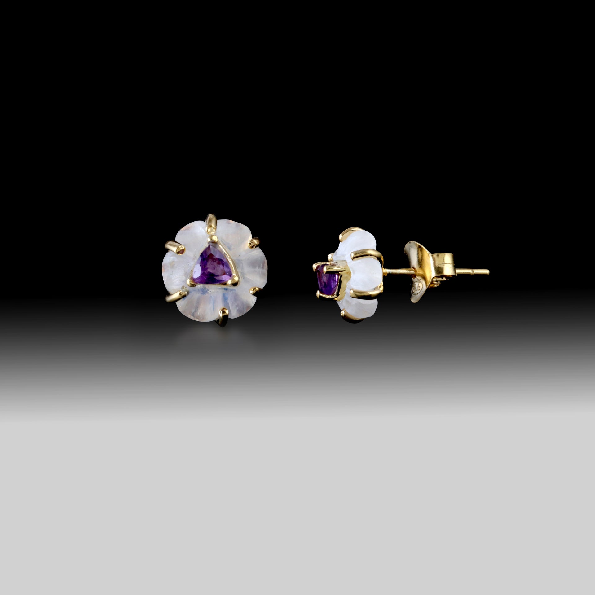 Artisan Moonstone & Amethyst Floral Stud Earrings 18k Gold Plated over 925 Silver