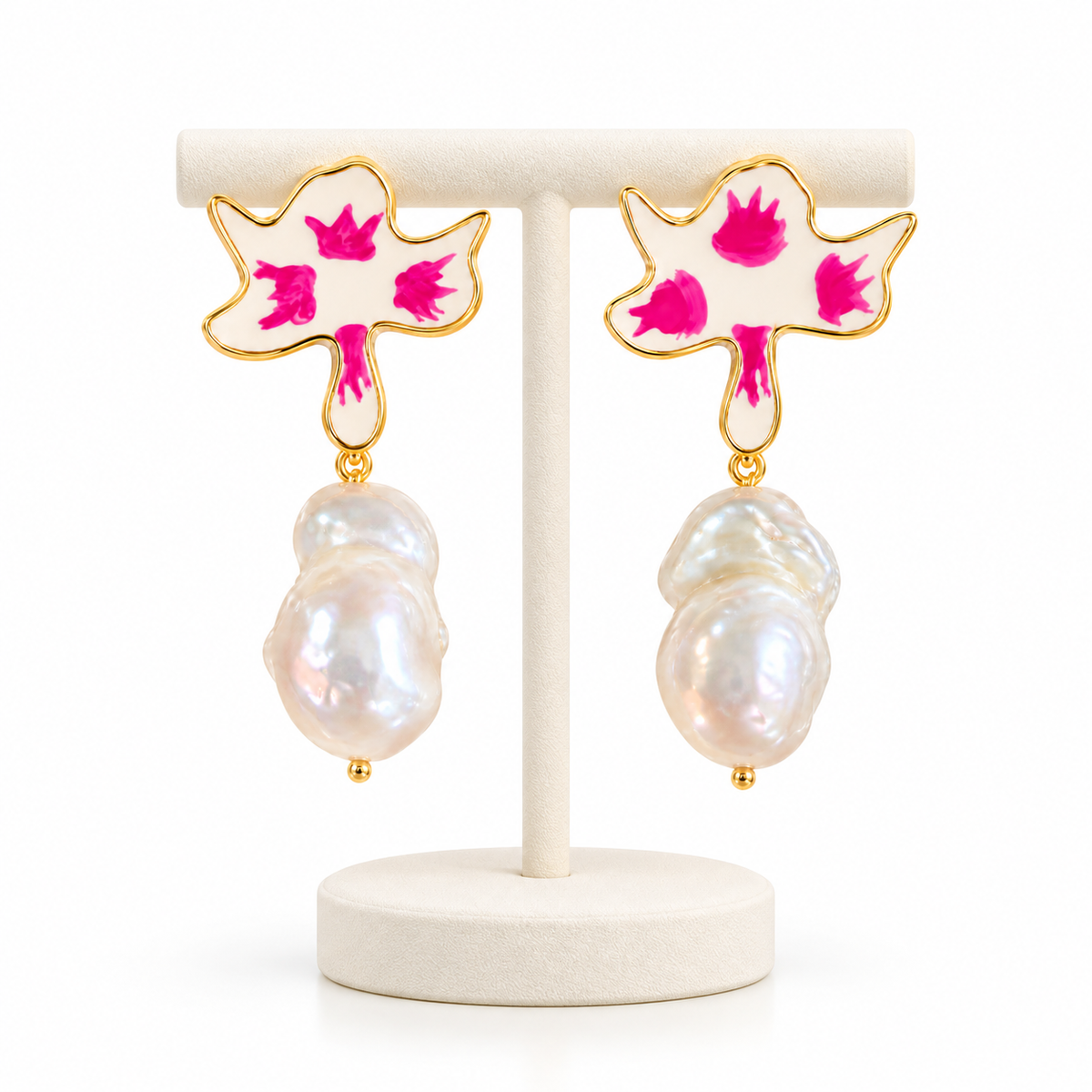Fuchsia Blossom Baroque Pearl Drop Earrings- 18k Gold Plated Over 925 Sterling Silver