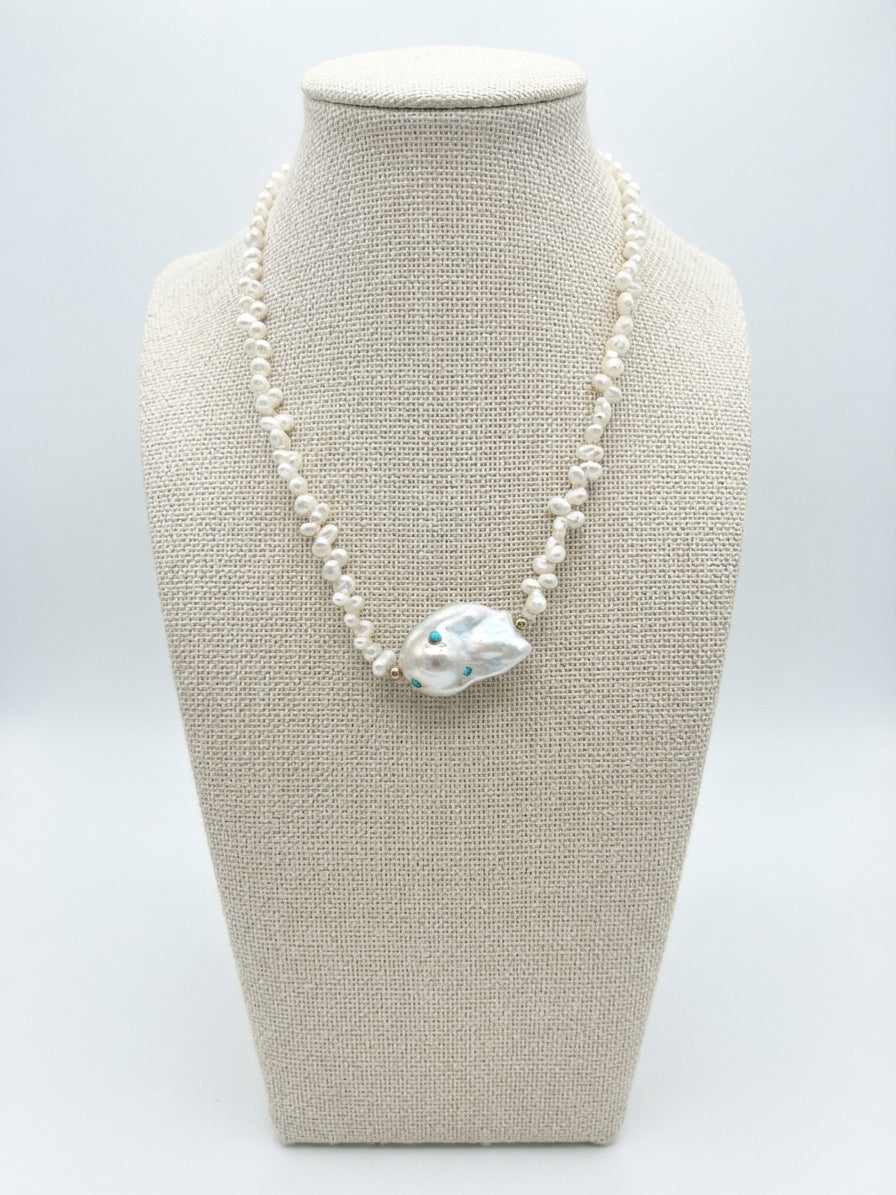 Pearl Necklace with Arizona Turquoise and Gold Filled Accents- 18 Inches