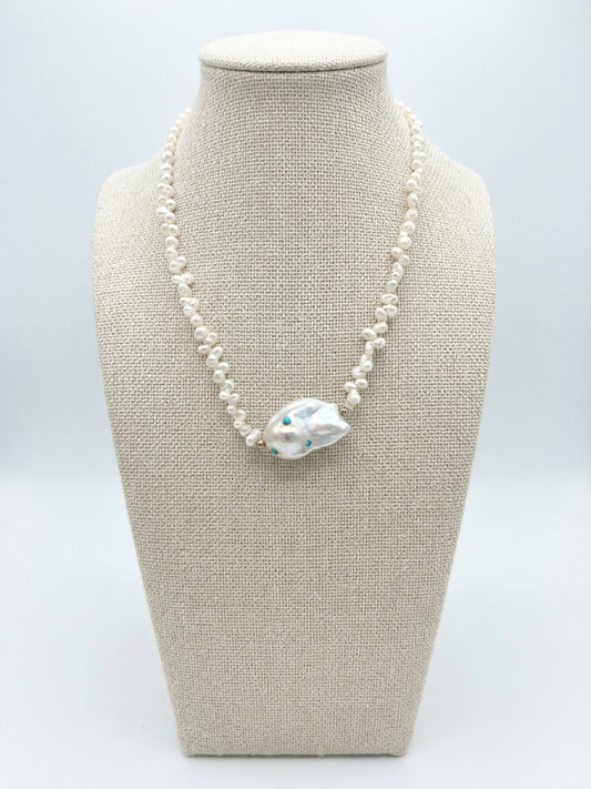 Pearl Necklace with Arizona Turquoise and Gold Filled Accents- 18 Inches