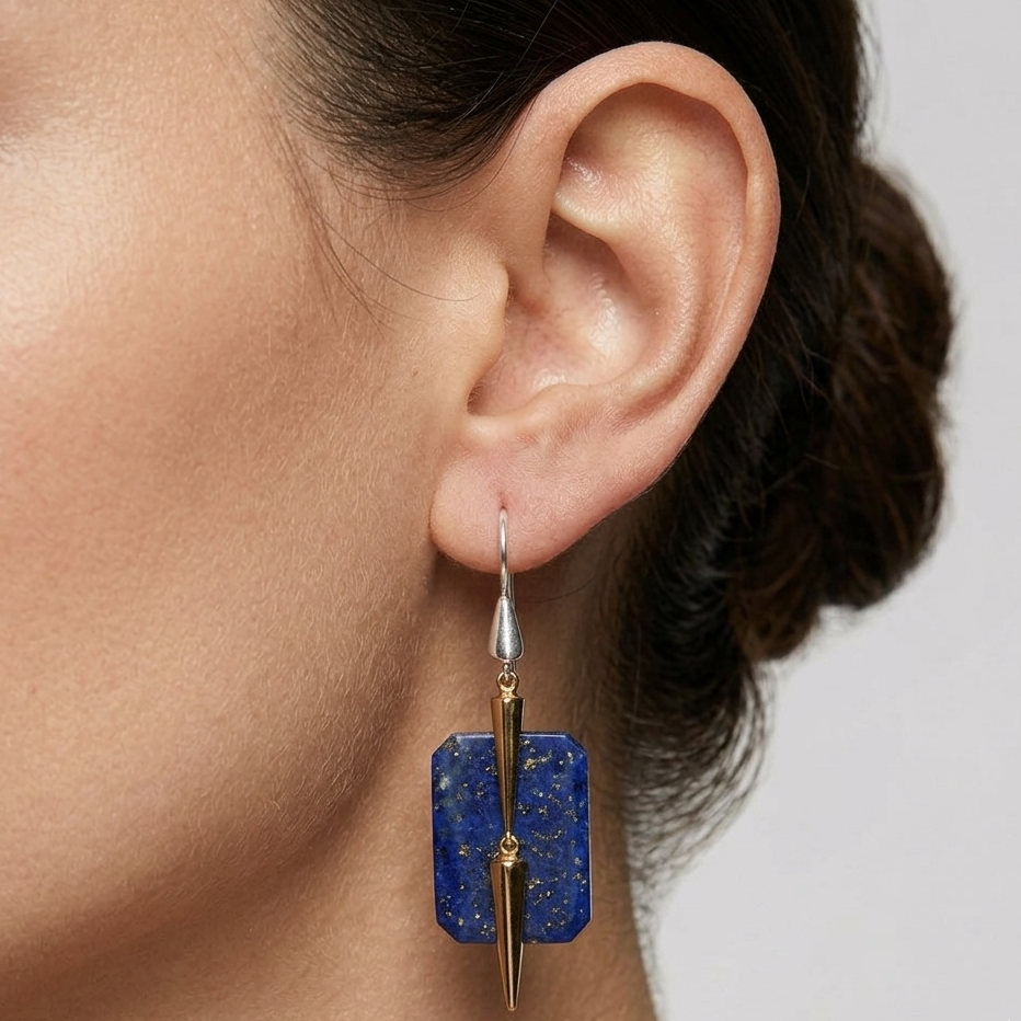 Artisan Lapis Lazuli Rectangle Earrings 18k Gold & 925 Silver