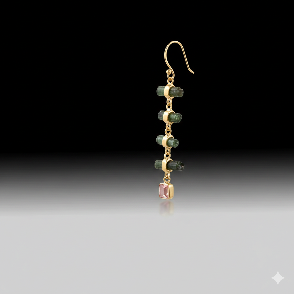 Artisan Green & Pink Tourmaline Linear Drop Earrings 18k Gold Plated over 925 Silver