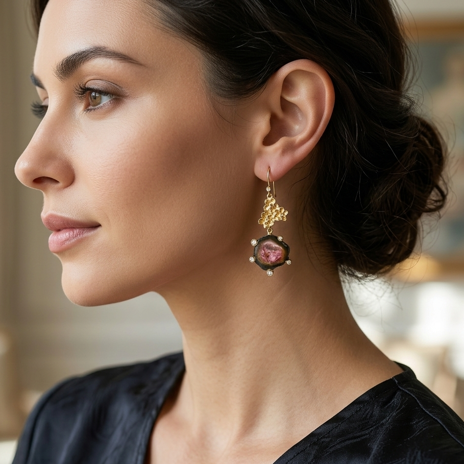Watermelon Tourmaline Drop Earrings – 18k Gold Plated Sterling Silver