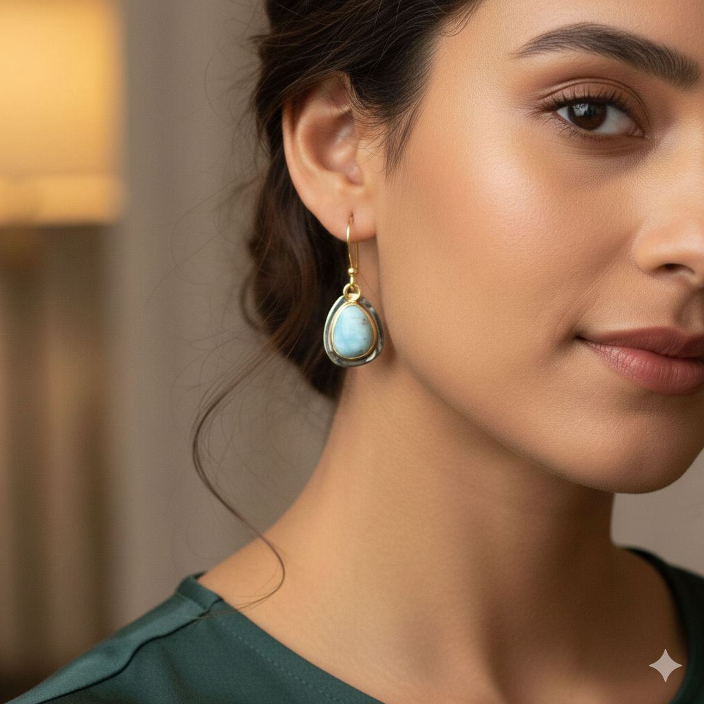 Artisan Larimar Teardrop Earrings 18k Brushed Gold & Black Rhodium over 925 Silver