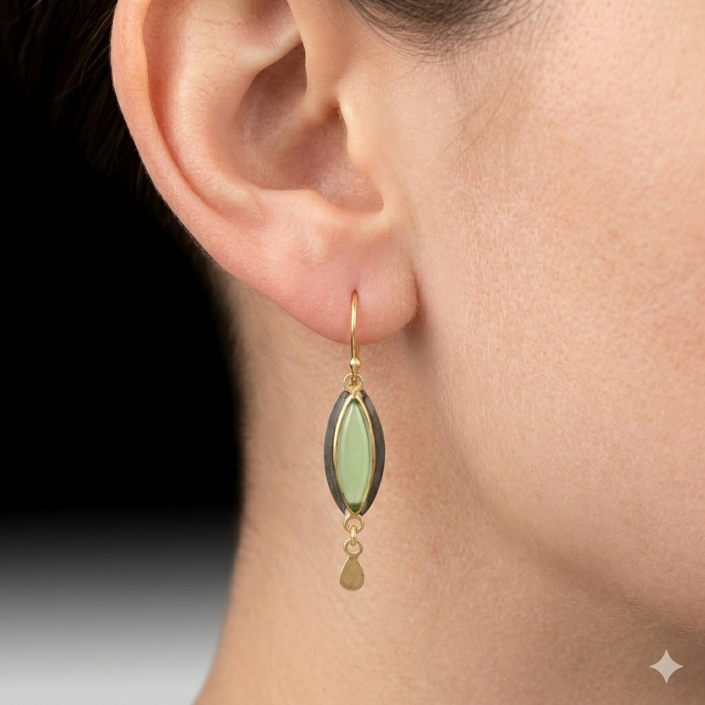 Artisan Peridot Marquise Earrings 18k Brushed Gold & Black Rhodium over 925 Silver