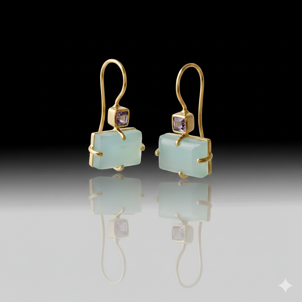 Artisan Aqua Chalcedony & Amethyst Geometric Earrings 18k Gold Plated over 925 Silver