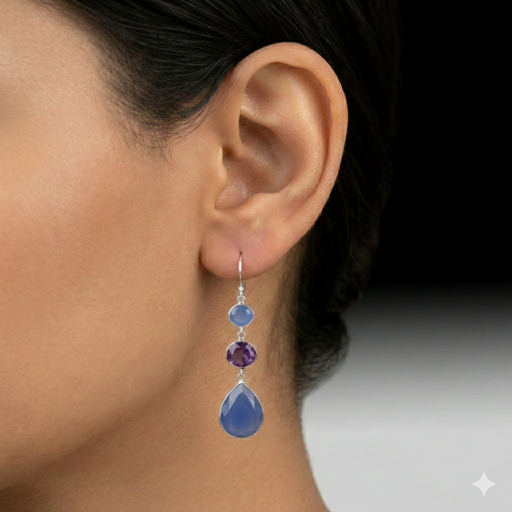 Artisan Blue Chalcedony & Amethyst Triple-Stone Teardrop Earrings in 925 Sterling Silver