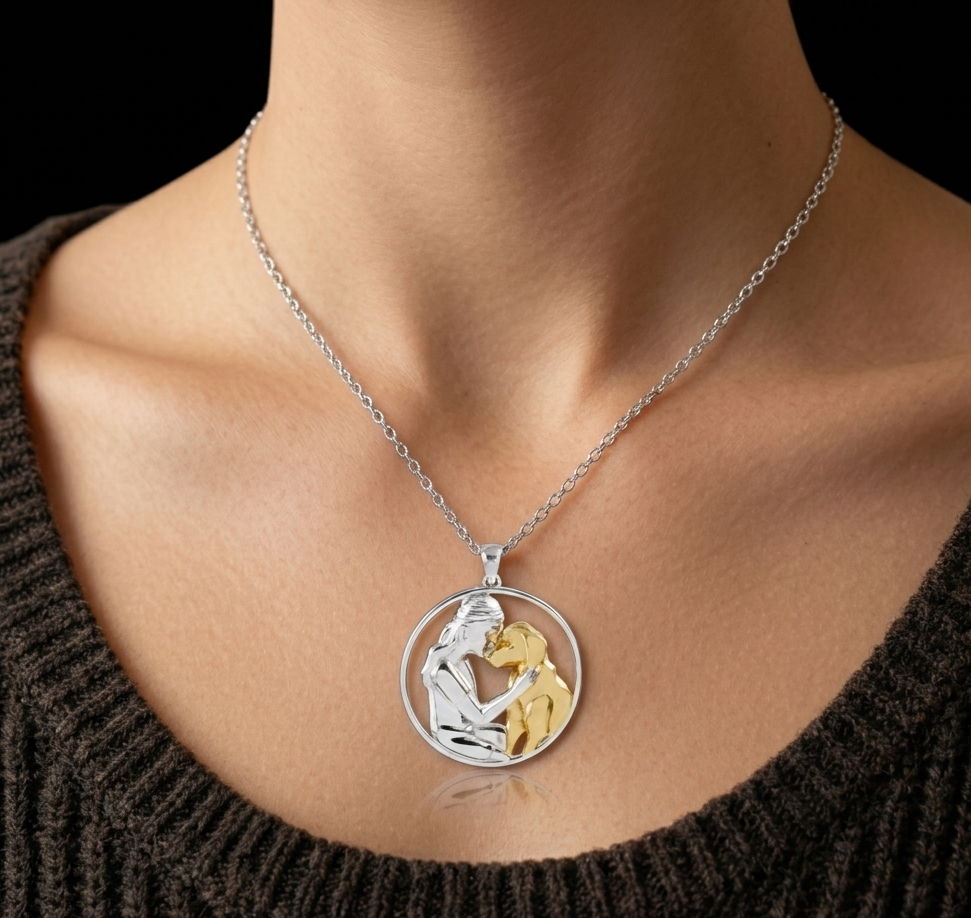 Girl Hugging Dog Necklace- 925 Sterling Silver Two Toned Piece