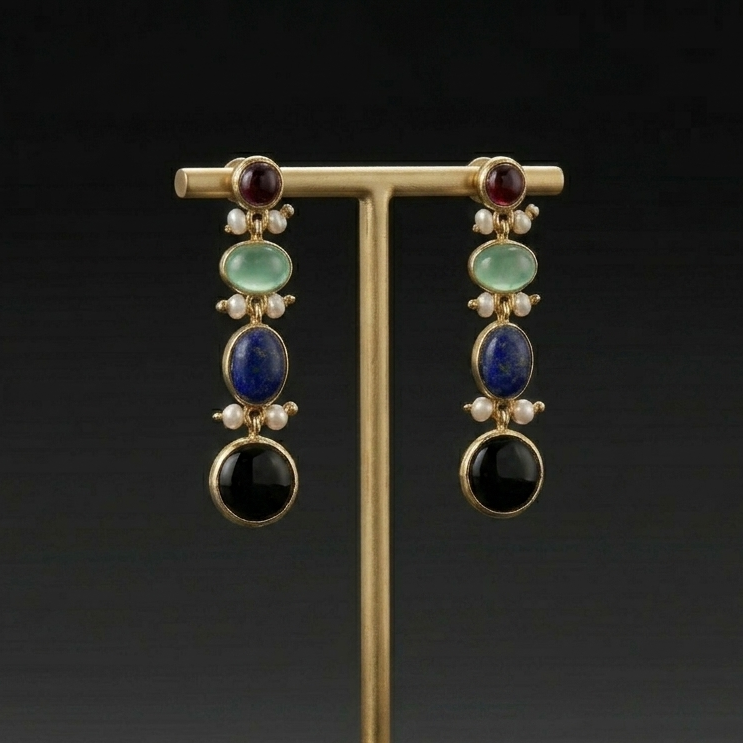 Artisan Multi-Gemstone Cascade Earrings - 18k Gold Plating over 925 Sterling Silver -Green Onyx, Lapis, Black Onyx, Red Garnet & Keshi Pearls