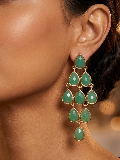 Artisan Chrysoprase Chandelier Earrings -18k Gold Plating over 925 Sterling Silver