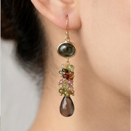 Black Onyx & Multicolor Tourmaline Drop Earrings with Smoky Topaz