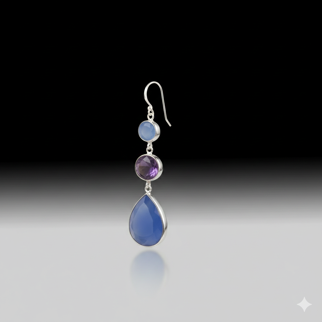 Artisan Blue Chalcedony & Amethyst Triple-Stone Teardrop Earrings in 925 Sterling Silver